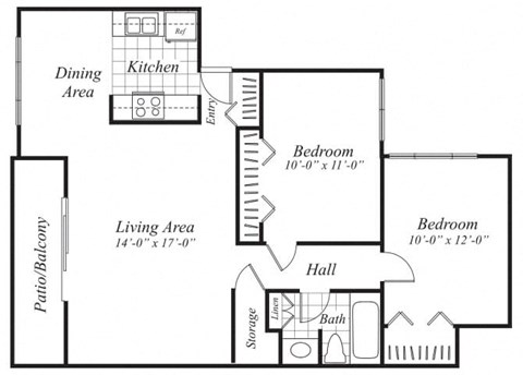 two bedroom one bathroom floor plan at canyon rim